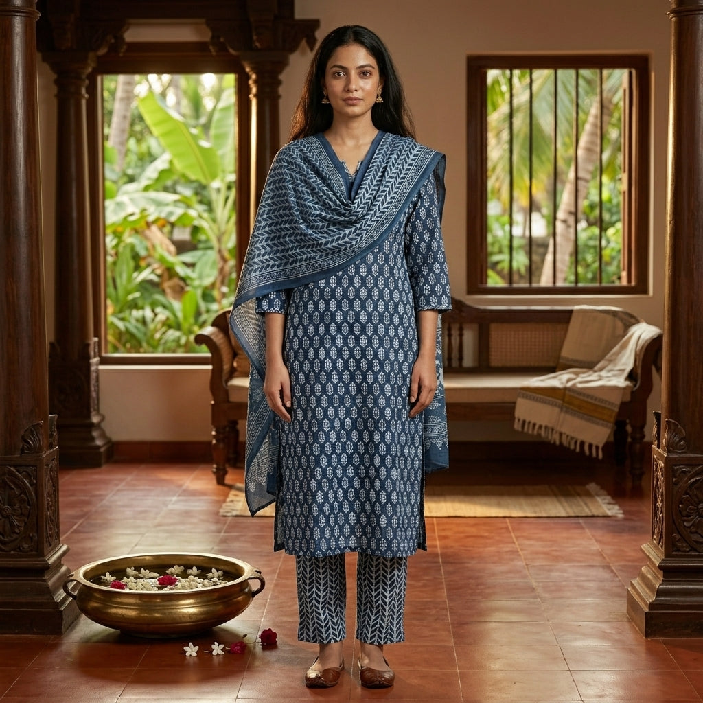 Indigo Blue Cotton Set With Dupatta