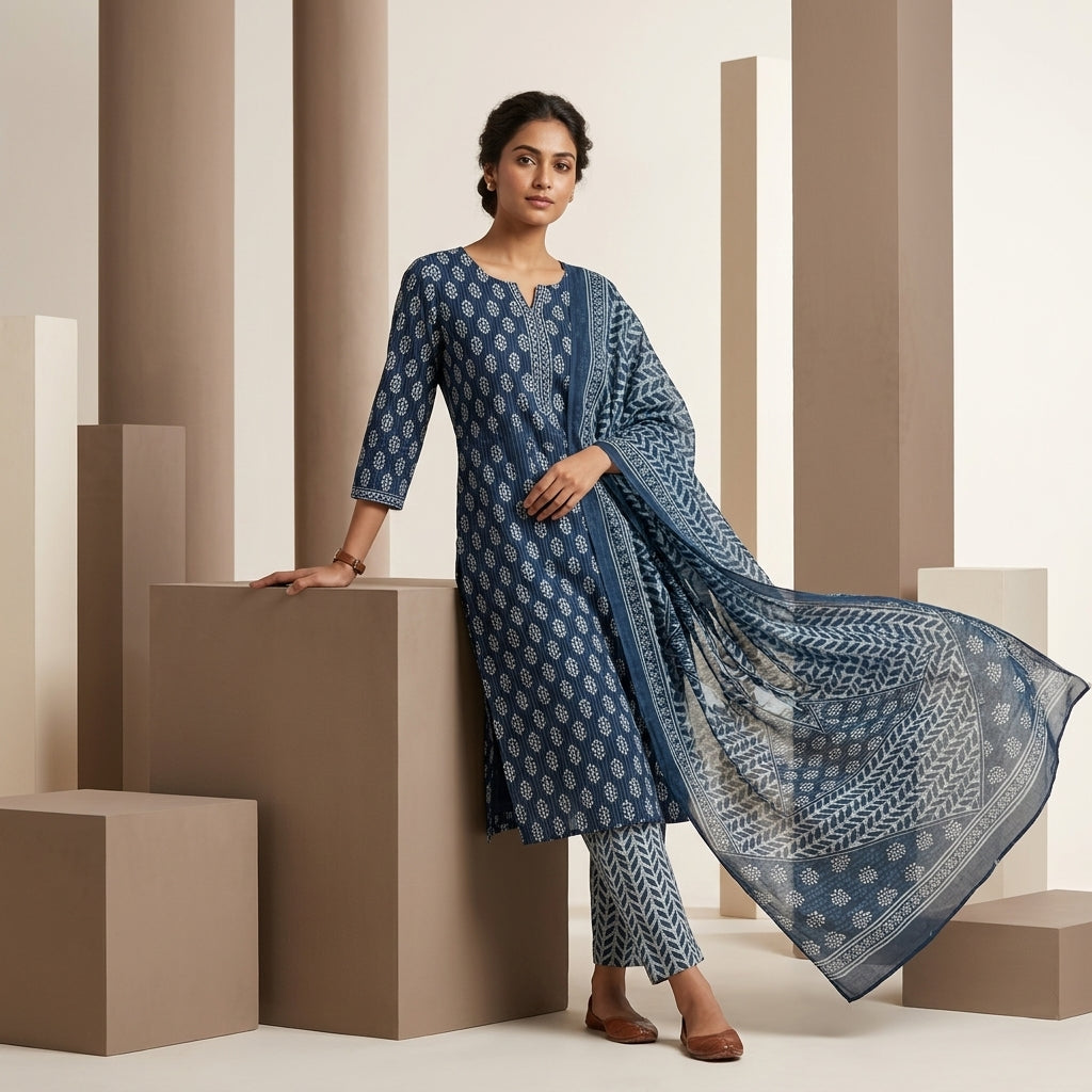 Indigo Blue Cotton Set With Dupatta