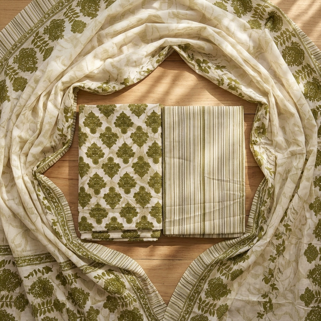 Green and Cream Cotton Set With Dupatta