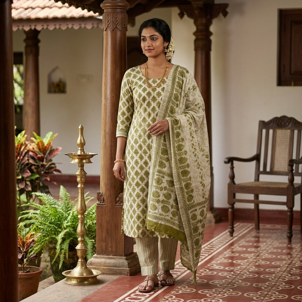 Green and Cream Cotton Set With Dupatta