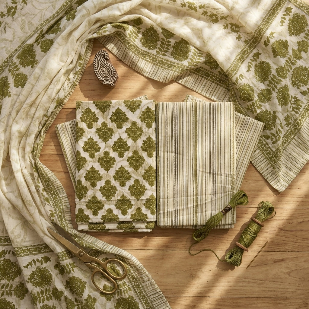 Green and Cream Cotton Set With Dupatta