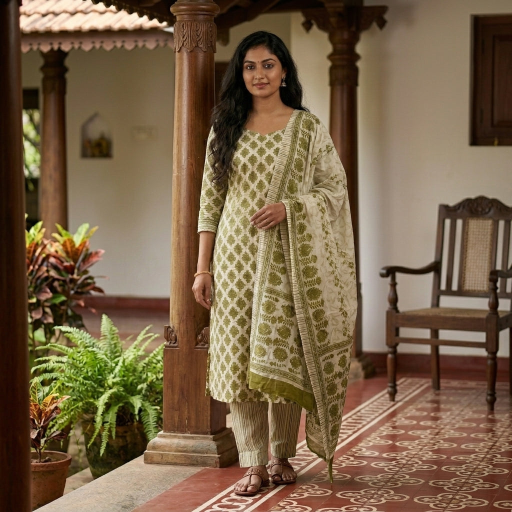 Green and Cream Cotton Set With Dupatta