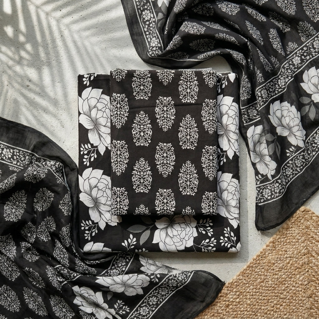 Black Cotton Set With Dupatta
