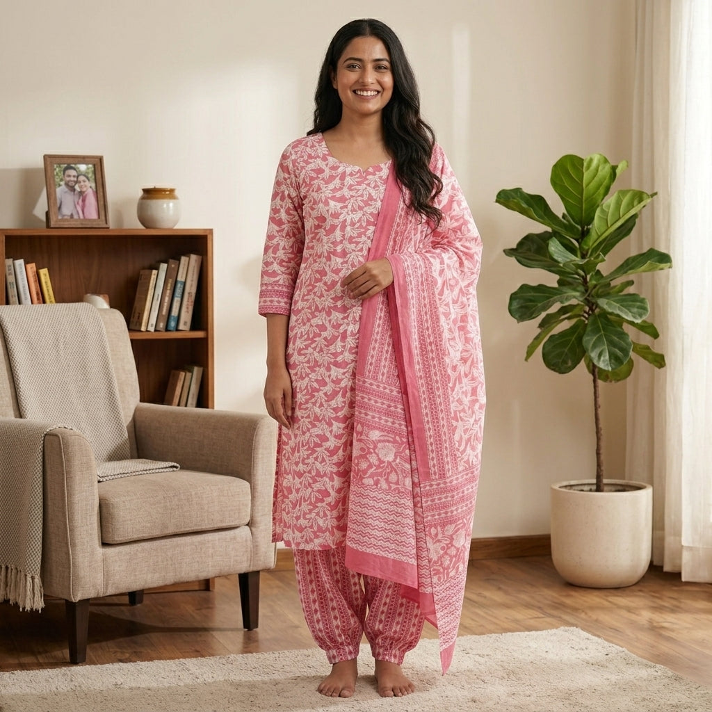 Pink Cotton Set With dupatta Unstiched