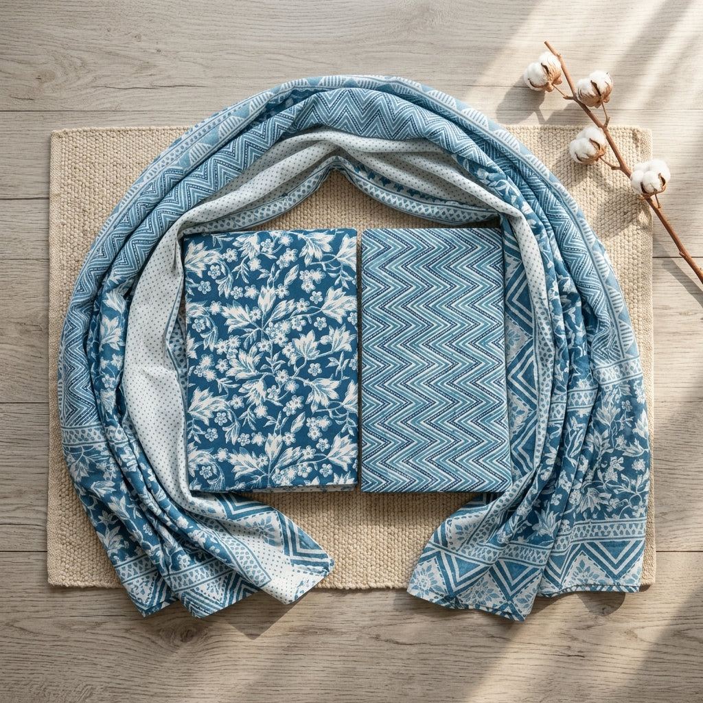 Blue Cotton Set With Dupatta