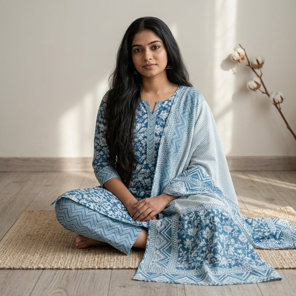 Blue Cotton Set With Dupatta