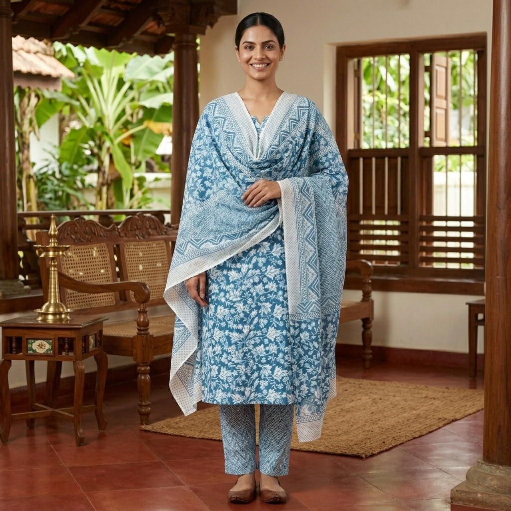 Blue Cotton Set With Dupatta