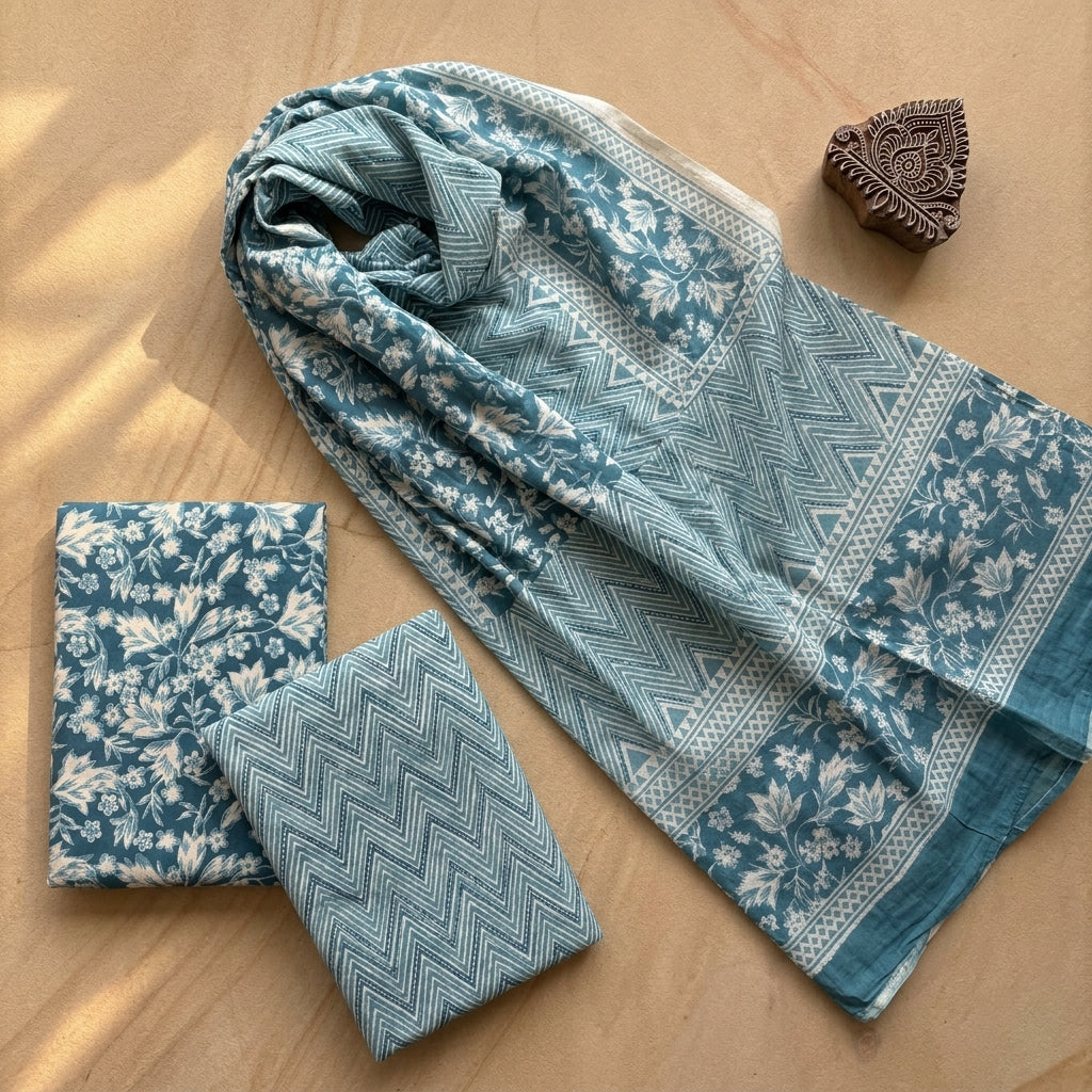 Blue Cotton Set With Dupatta