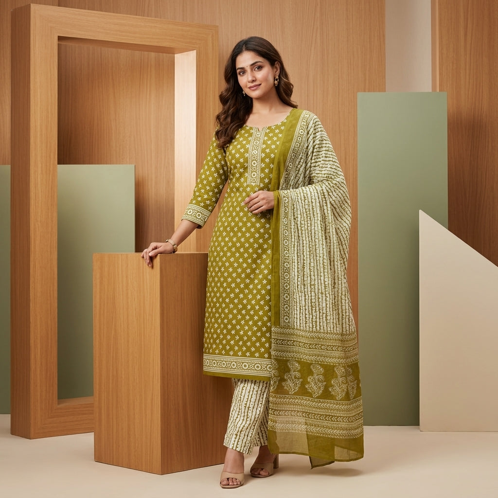 Green Cotton Block Print Set