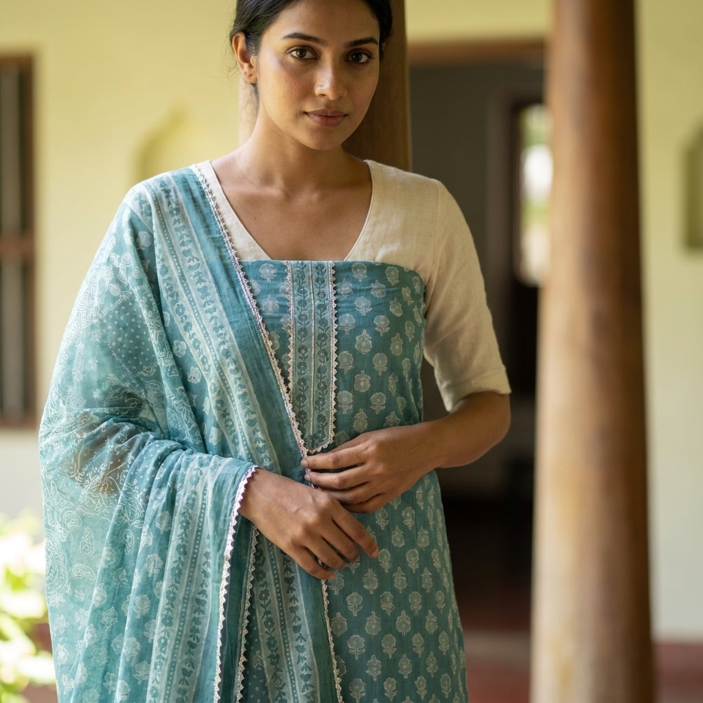 Ice Blue Cotton Set With Neck Work