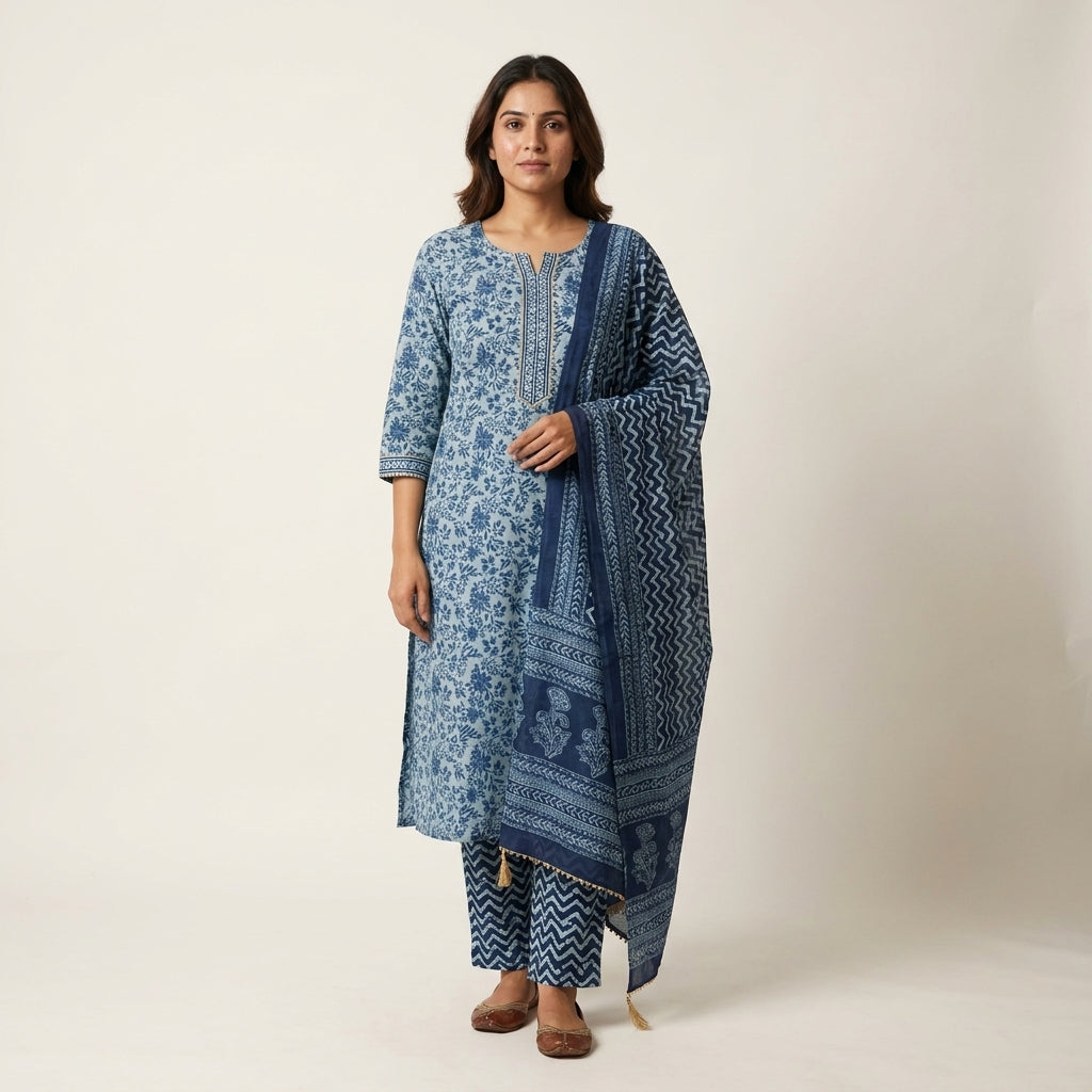 Indigo Blue Floral Cotton Set