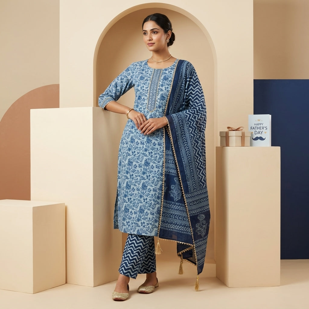 Indigo Blue Floral Cotton Set