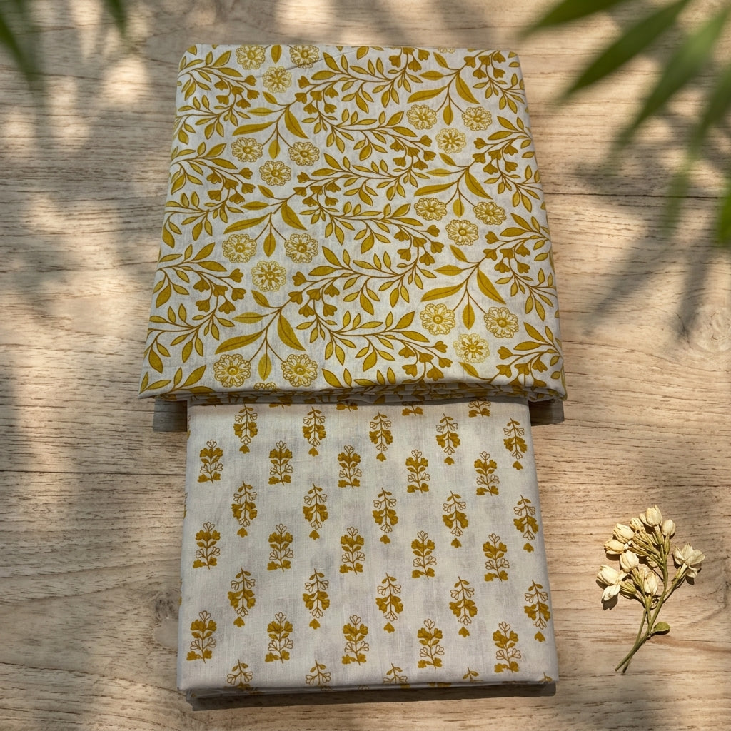 Yellow Floral Cotton Cord Set Material