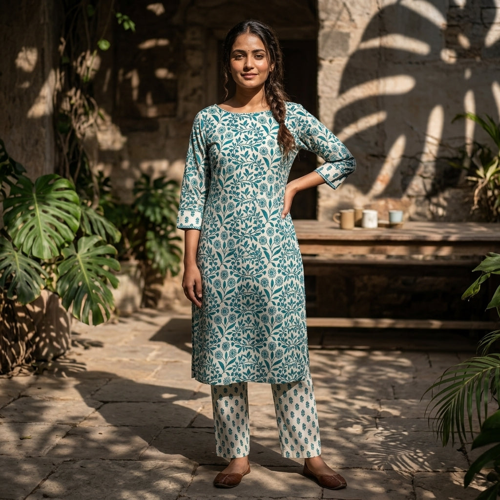 Green Floral Cotton Cord Set Material