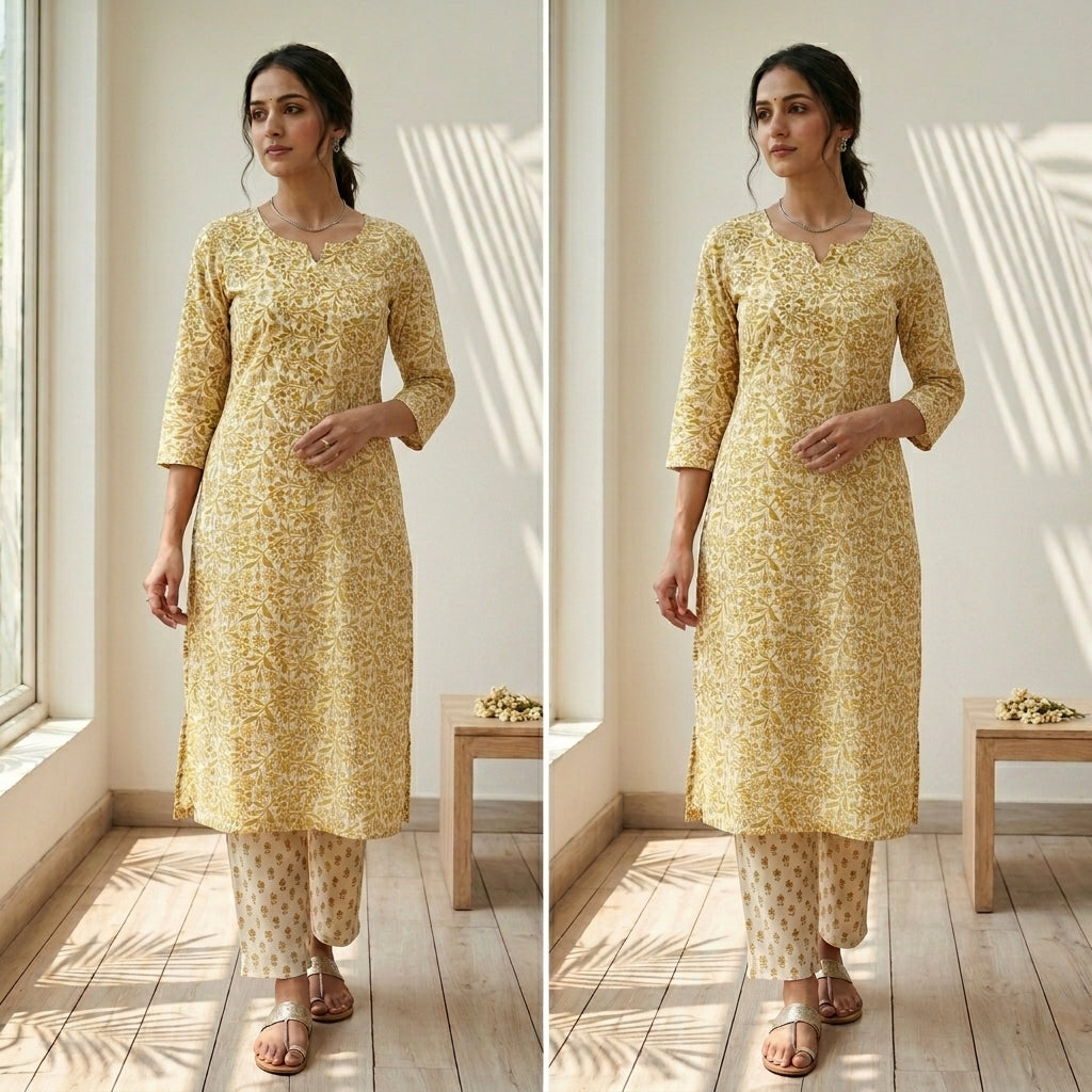 Yellow Floral Cotton Cord Set Material