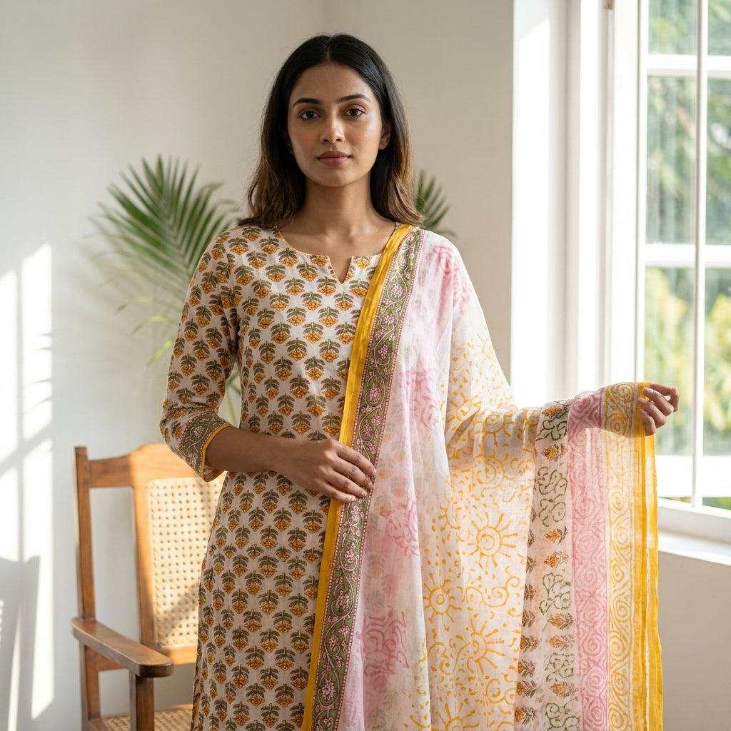 Yellow Cotton Set With Chiffon Dupatta