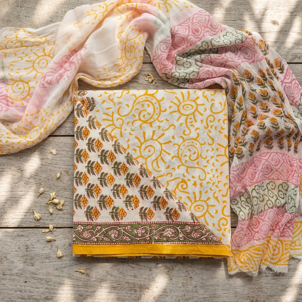 Yellow Cotton Set With Chiffon Dupatta