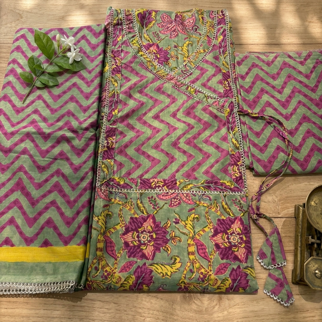 Mehendi Green Cotton Set With Neck Pattern