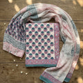White and Lavender Cotton Set With Chiffon Dupatta