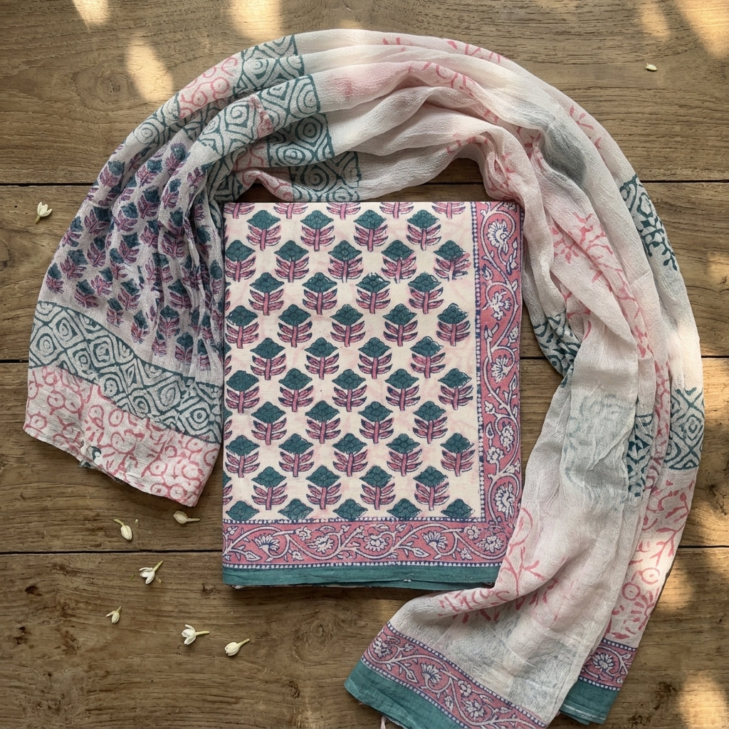 White and Lavender Cotton Set With Chiffon Dupatta