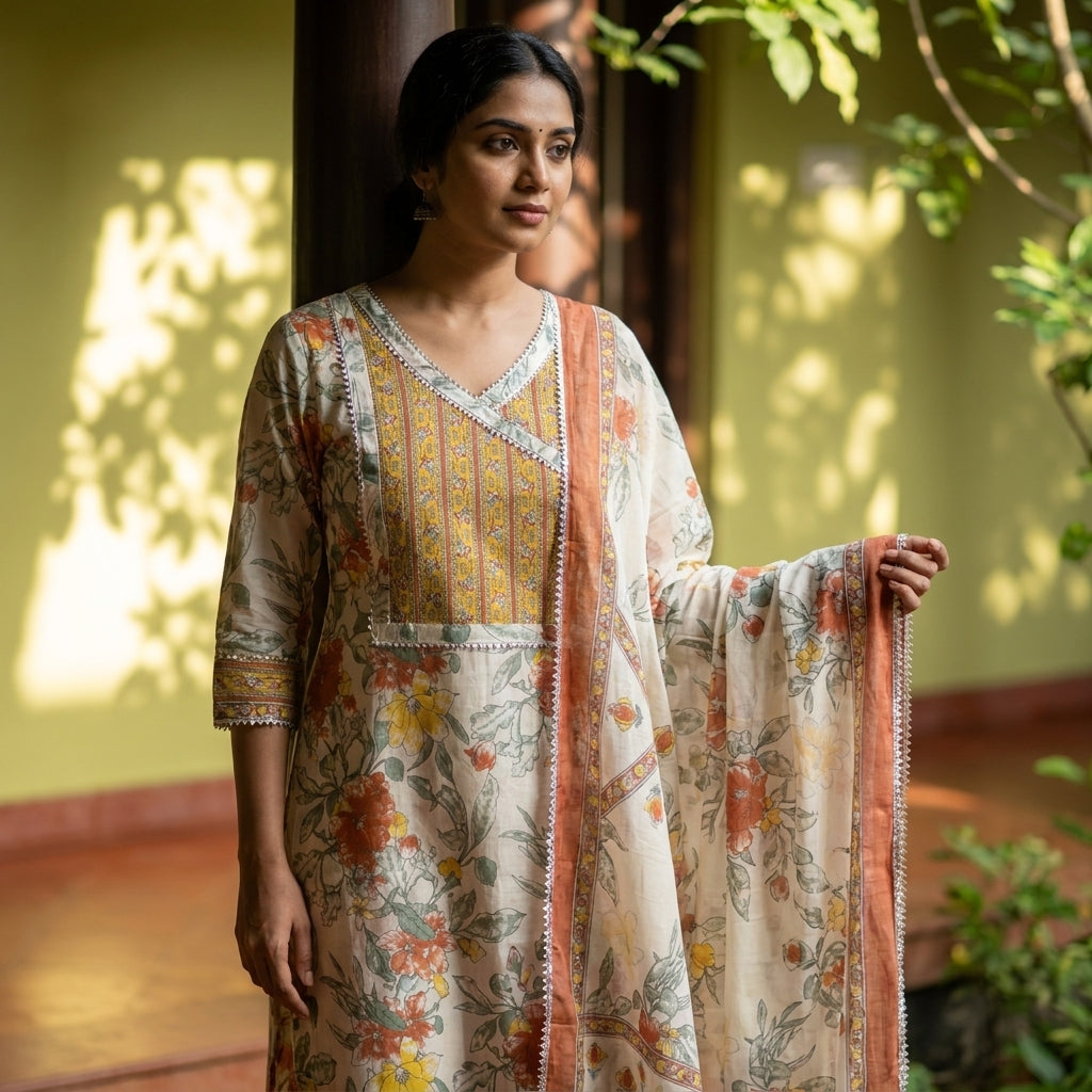 Floral Off-white Cotton Set