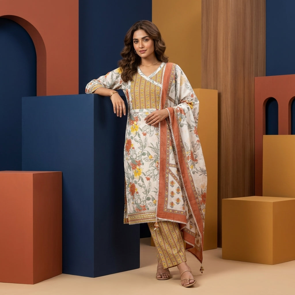 Floral Off-white Cotton Set