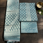 Ice Blue Cotton Set With Neck Work