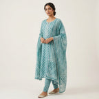Ice Blue Cotton Set With Neck Work