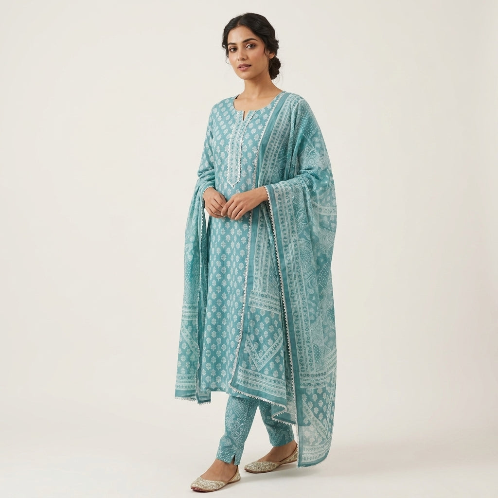 Ice Blue Cotton Set With Neck Work