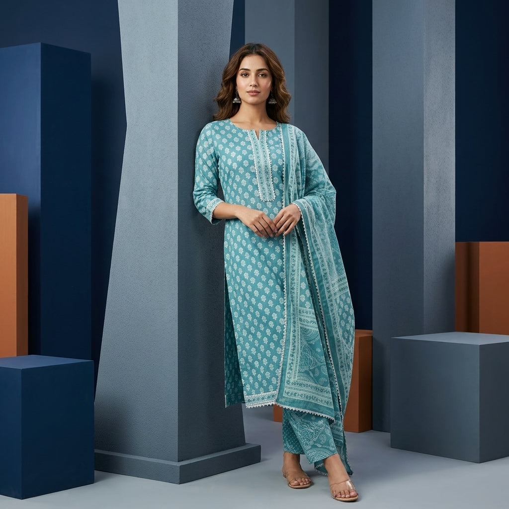 Ice Blue Cotton Set With Neck Work