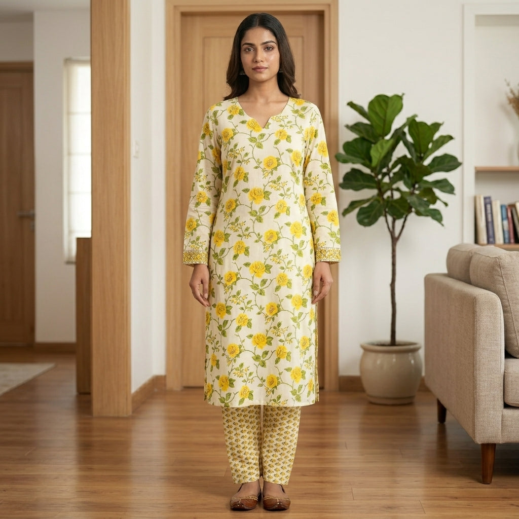 Yellow and Cream Floral Cotton Cord Set