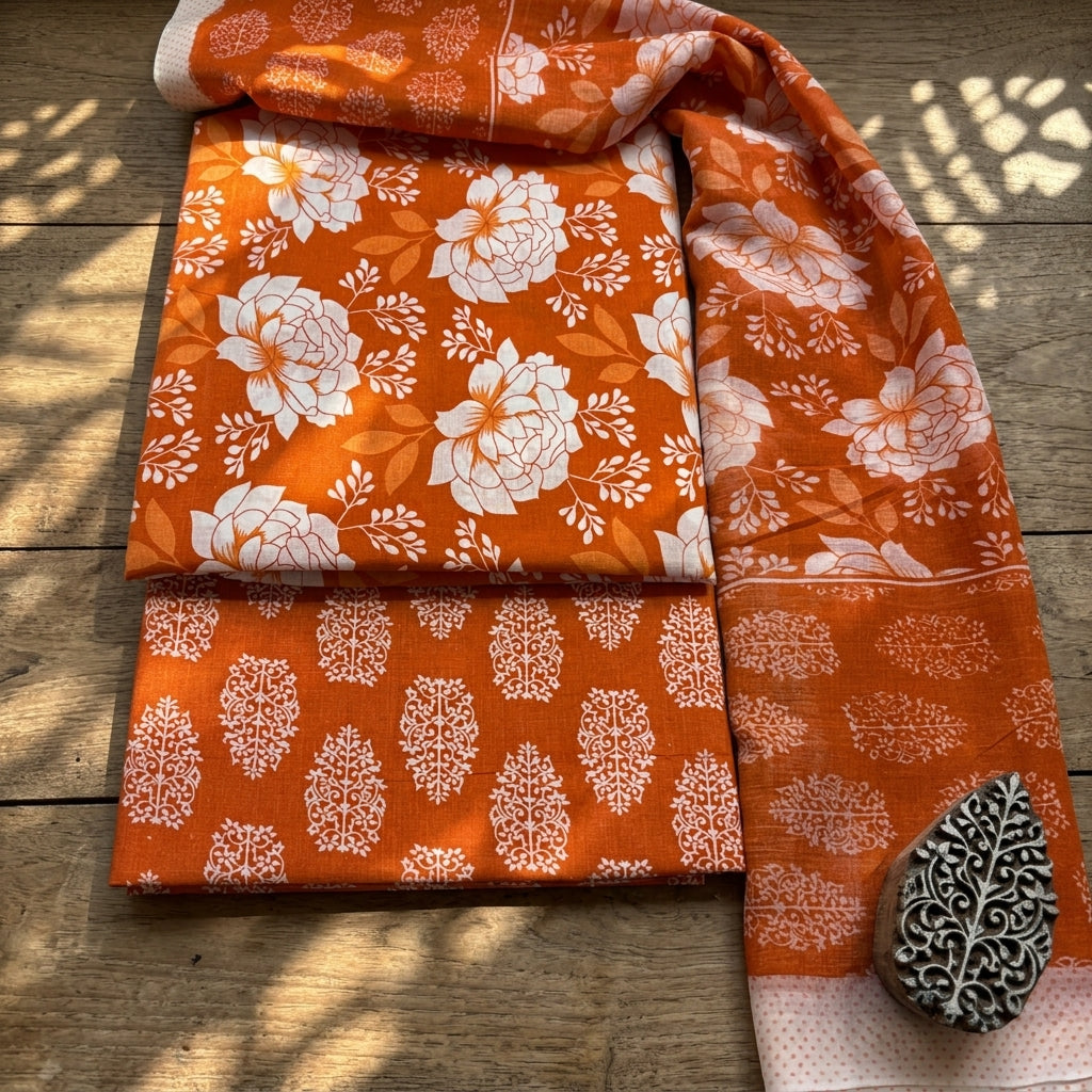Orange Cotton Dupatta Set