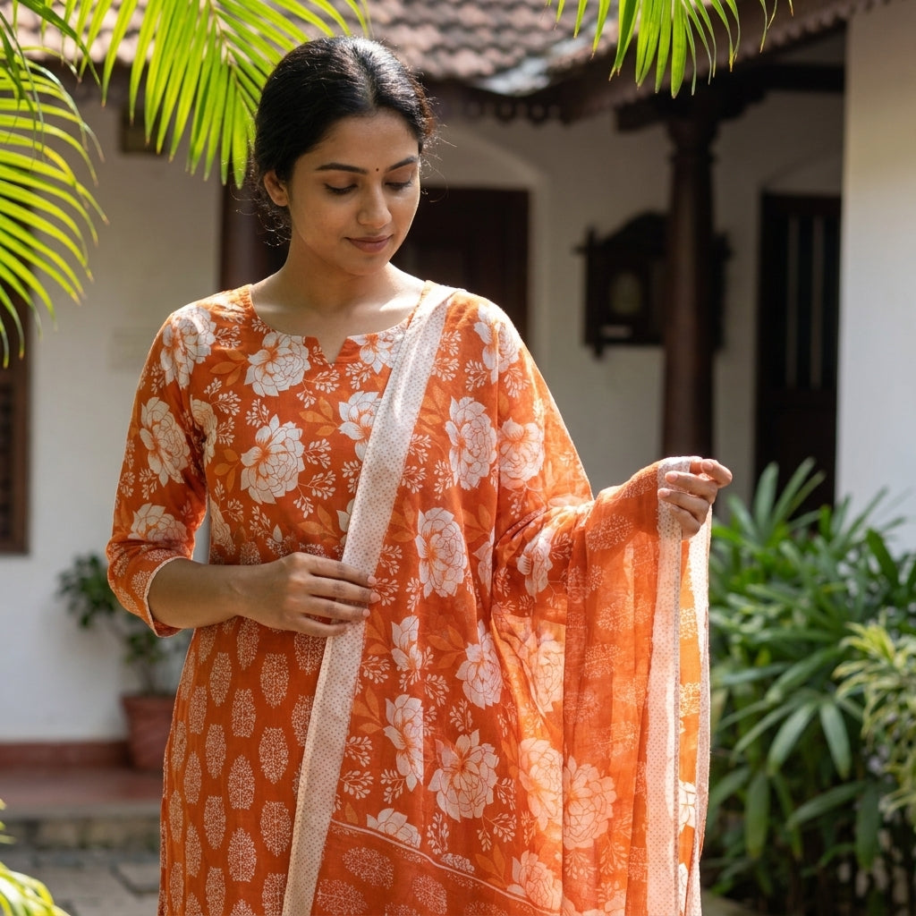Orange Cotton Dupatta Set