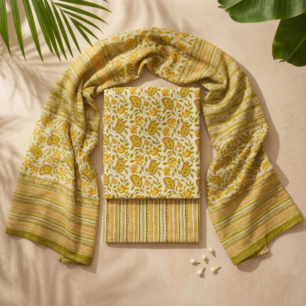 Lime Green Cotton Dupatta Set