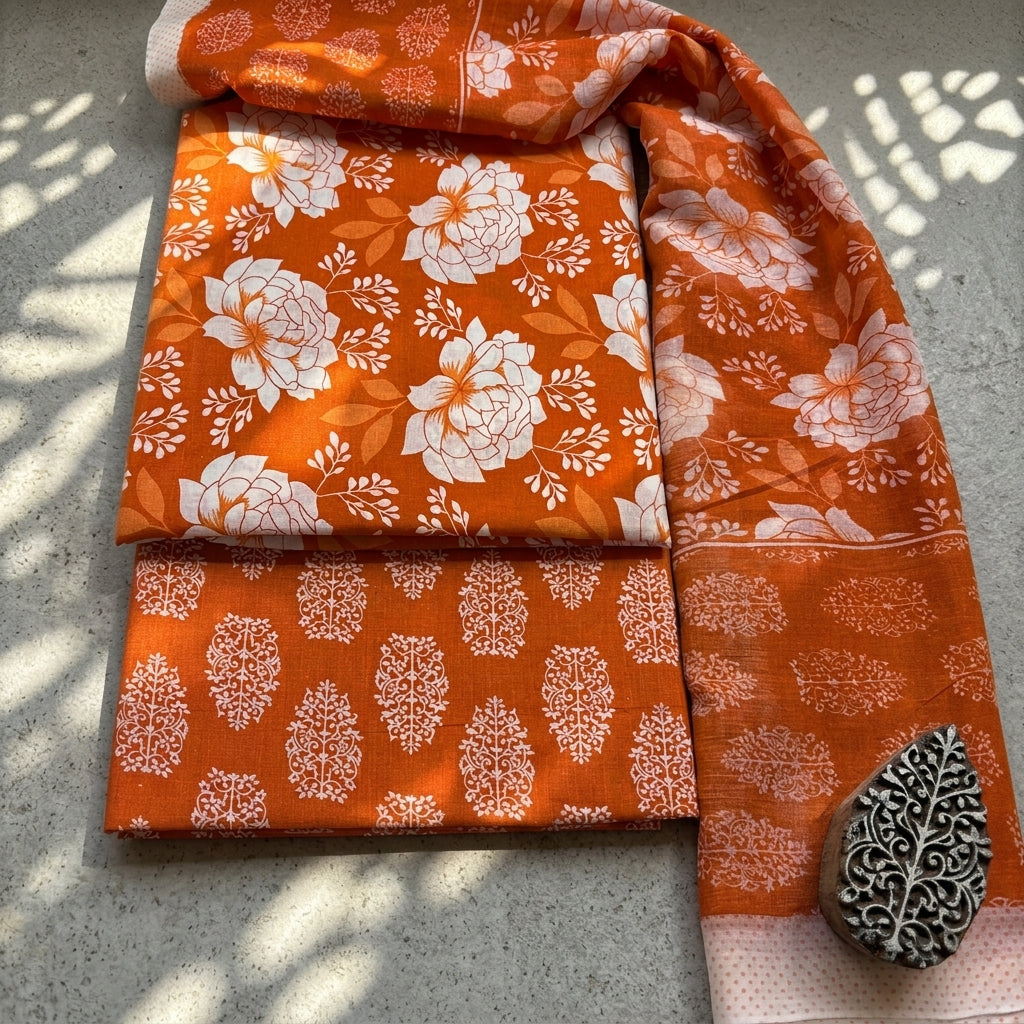 Orange Cotton Dupatta Set