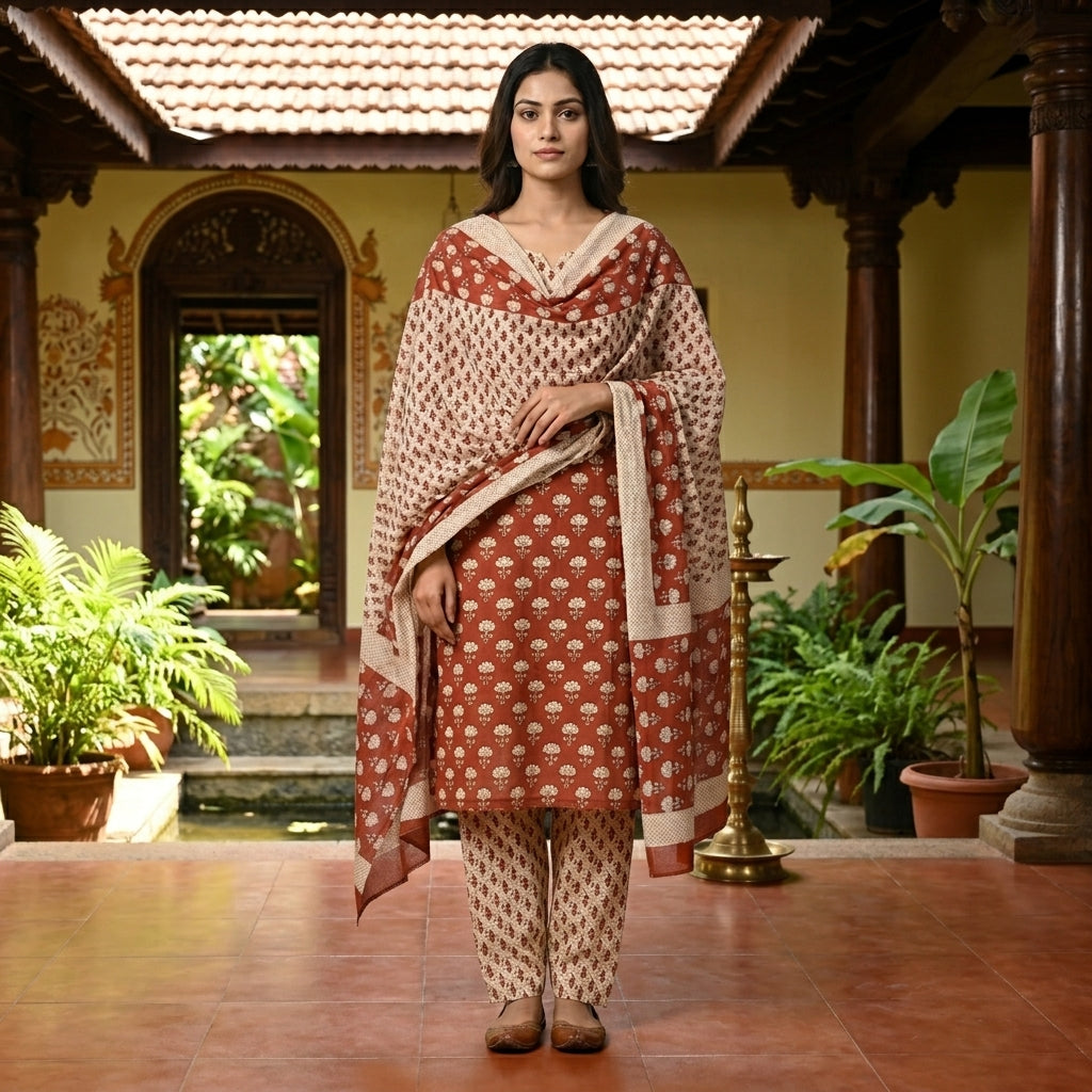 Brick Orange With Dupatta Cotton Set