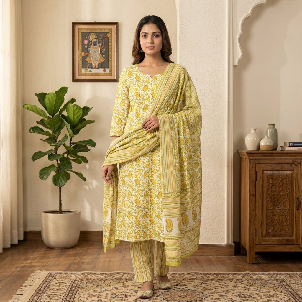 Lime Green Cotton Dupatta Set