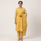 Yellow Floral Cotton Dupatta Set