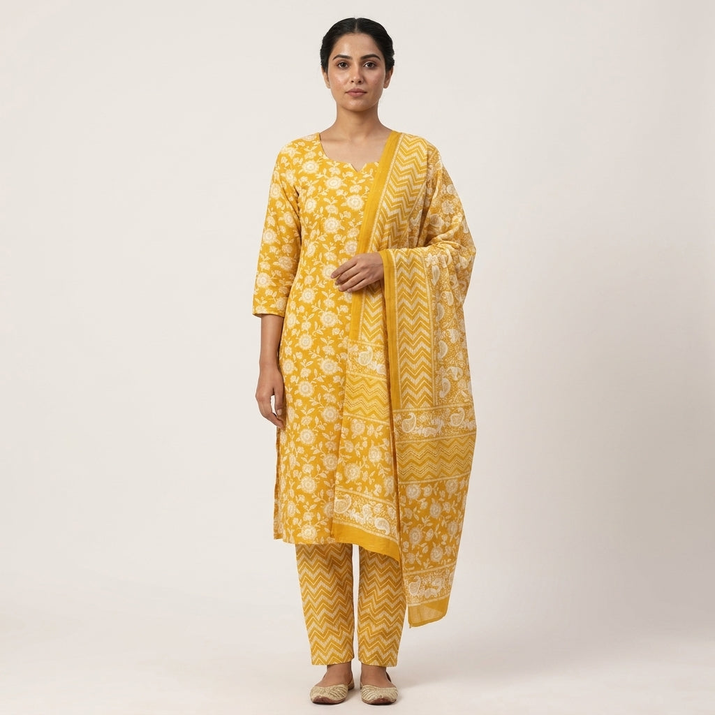 Yellow Floral Cotton Dupatta Set