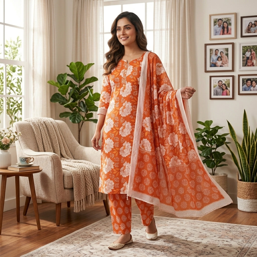 Orange Cotton Dupatta Set