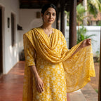 Yellow Floral Cotton Dupatta Set