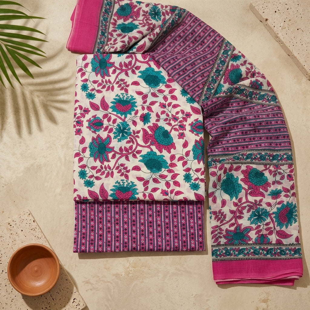 Pink And Purple With Dupatta Cotton Set