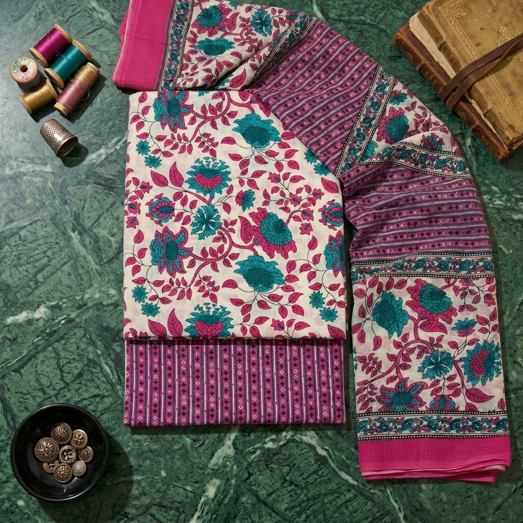 Pink And Purple With Dupatta Cotton Set