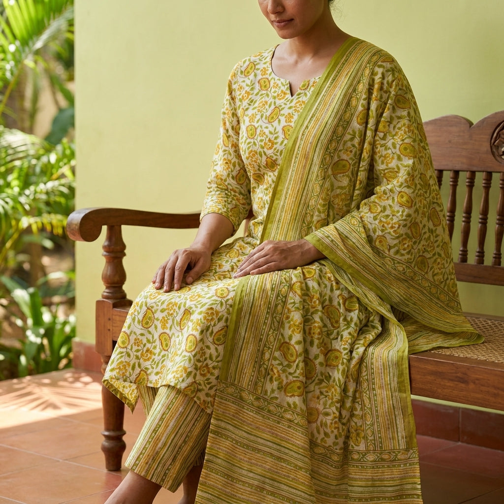 Lime Green Cotton Dupatta Set