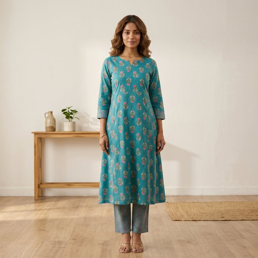 Blue Floral Cord Set Cotton