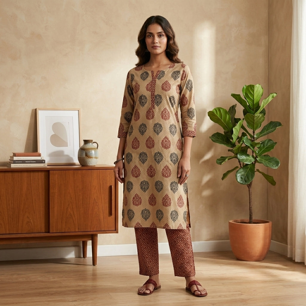 Beige And Maroon Cotton Cord Set