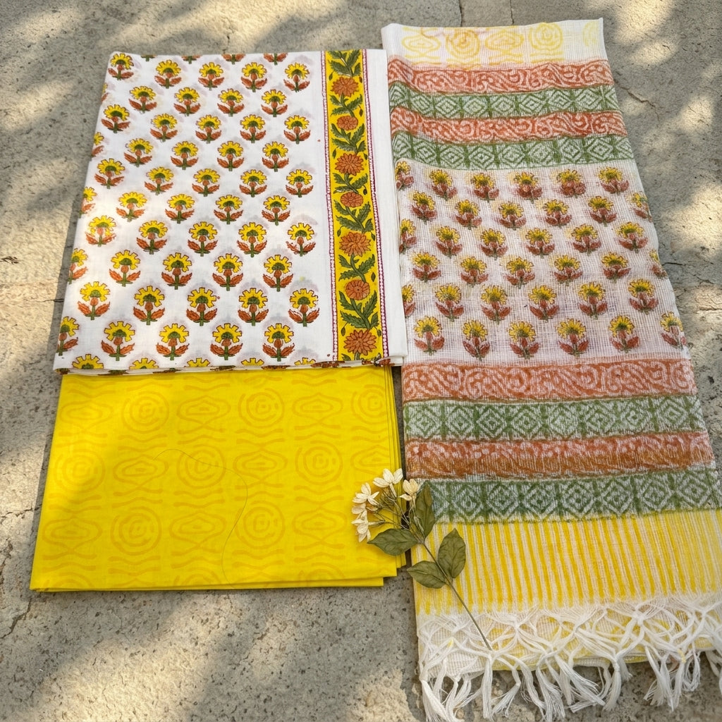 Kota Doria Dupatta Yellow Flower Cotton Set