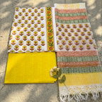 Kota Doria Dupatta Yellow Flower Cotton Set