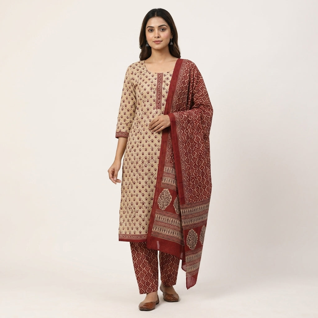 Sandal And Maroon Premium Cotton Dupatta Set
