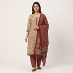 Sandal And Maroon Premium Cotton Dupatta Set
